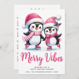 Tarjeta Festiva Navidades Pink Merry Vibes Ice Skyline Pingüins