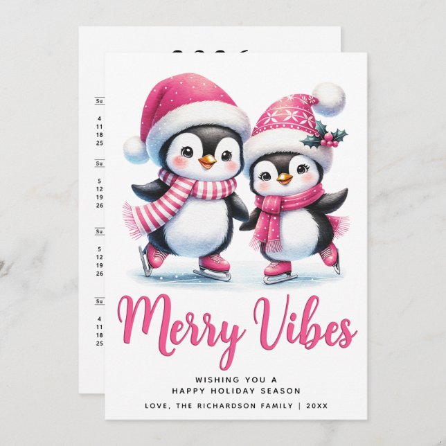 Tarjeta Festiva Navidades Pink Merry Vibes Ice Skyline Pingüins (Anverso / Reverso)