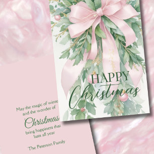 Tarjeta Festiva Navidades Pink Satin Ribbon Holly Greenery