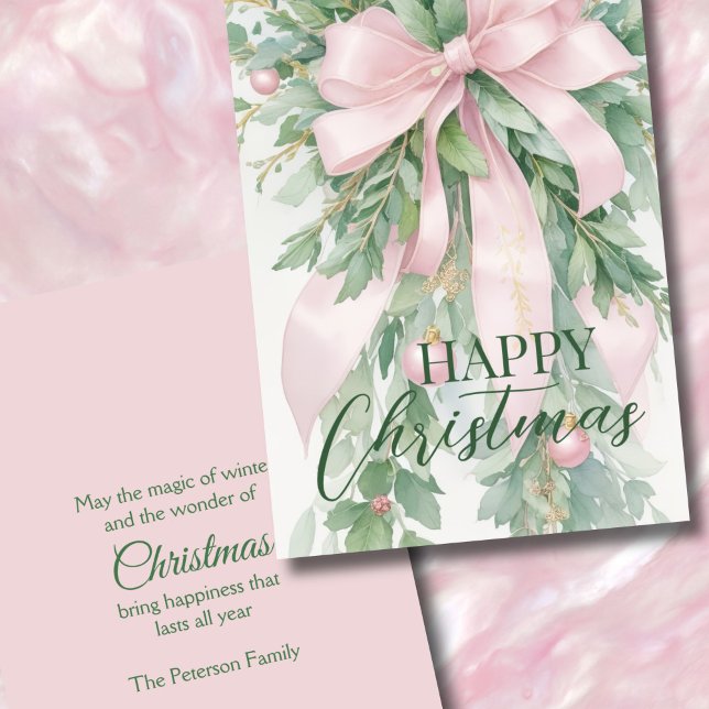 Tarjeta Festiva Navidades Pink Satin Ribbon Holly Greenery (Subido por el creador)