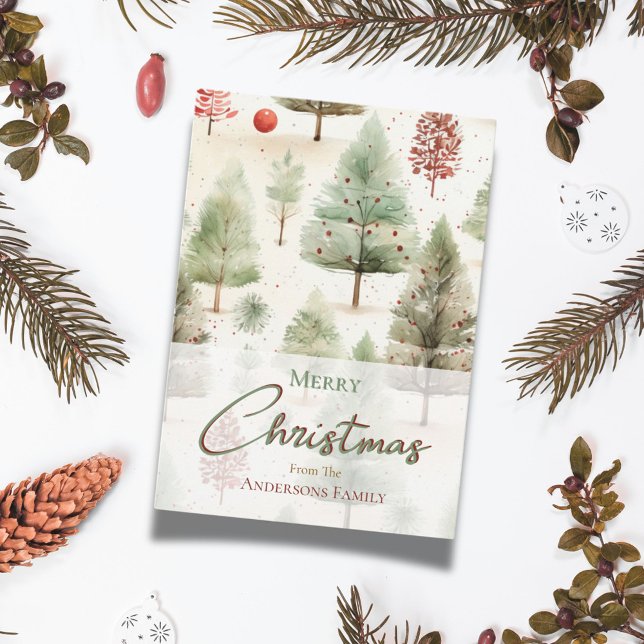 Tarjeta Festiva Navidades Pinos Verdes Botánicos Ornamentos Rojos (Subido por el creador)