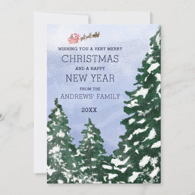Tarjeta Festiva Navidades pintados de árboles de invierno de Santa (Anverso)