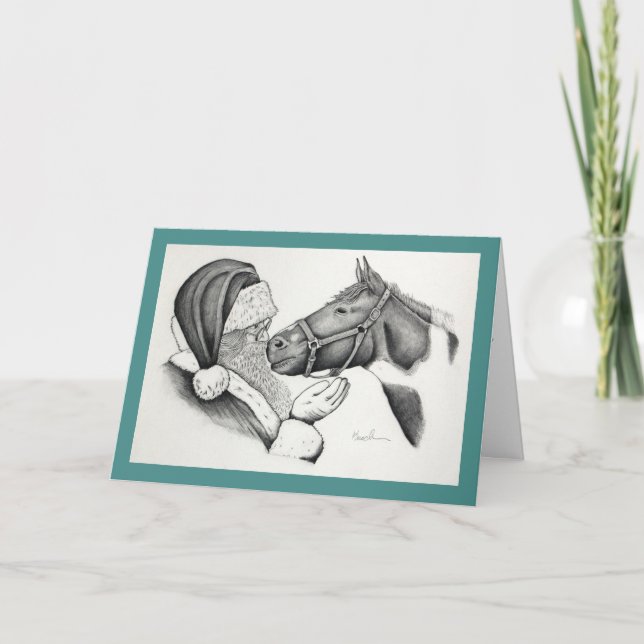 Tarjeta Festiva Navidades Pinto Paint Caballo y Santa (Anverso)