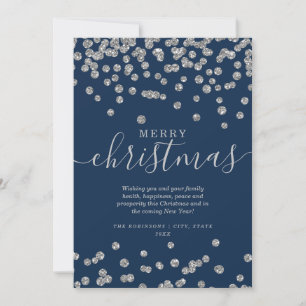 Tarjeta Festiva Navidades Plata Sencillos Purpurina Naval