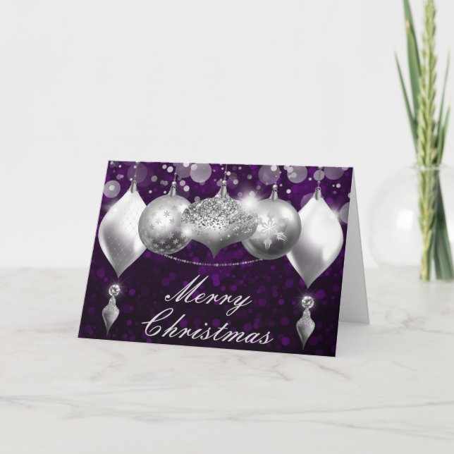 Tarjeta Festiva Navidades plateados y púrpura adornos de baudibles (Anverso)