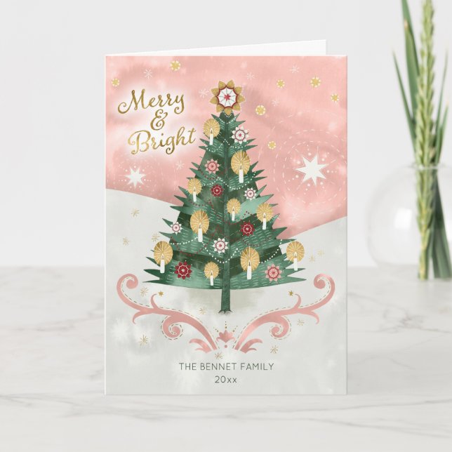Tarjeta Festiva Navidades plegados de oro de árbol ilustrado retro (Anverso)