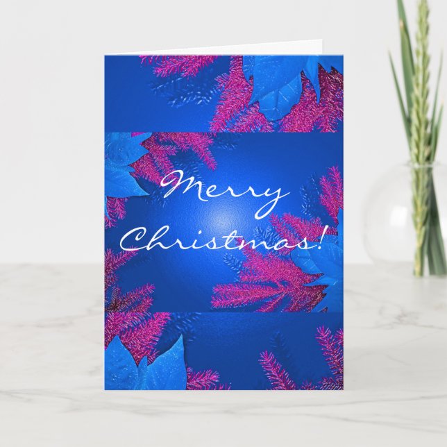 Tarjeta Festiva Navidades Poinsettia Azul Y Rosa En Inglés (Anverso)