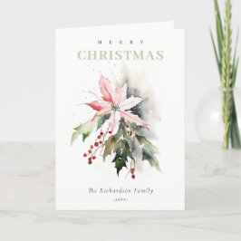 Tarjeta Festiva Navidades Poinsettia Berries Foliage Watercolor