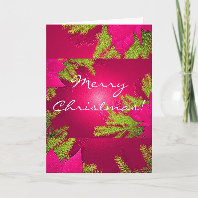 Tarjeta Festiva Navidades Poinsettia Rosa Y Verde En Inglés (Anverso)