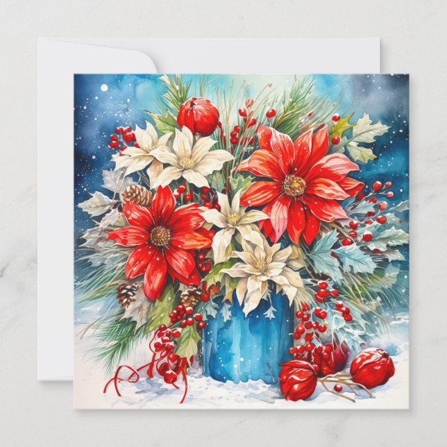 Tarjeta Festiva Navidades Poinsettia y Berries Bouquet (Anverso)