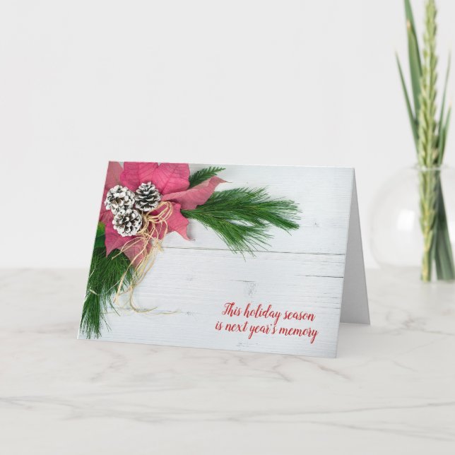 Tarjeta Festiva Navidades poinsettia y pino en madera (Anverso)