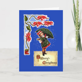 Tarjeta Festiva Navidades, Poinsettias, Chica con paraguas, Nieve