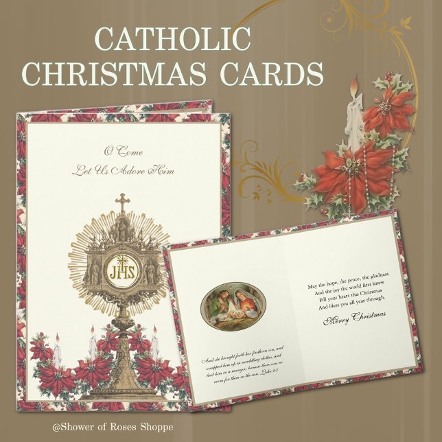 Tarjeta Festiva Navidades Poinsettias religiosas Jesús Velas (Traditional Catholic Christmas Cards with Eucharist, Scripture, and Holy Rosary, Poinsettias)