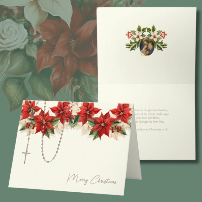 Tarjeta Festiva Navidades Poinsettias Rosary Virgin Mary Jesus (Subido por el creador)