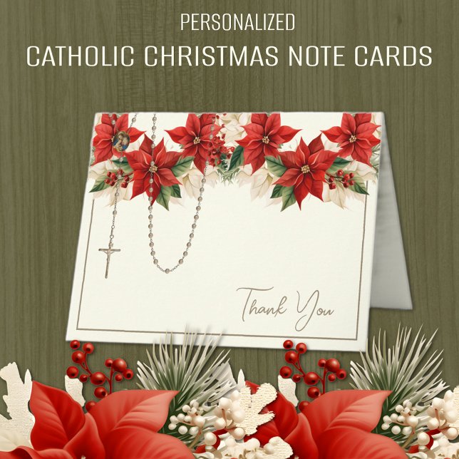Tarjeta Festiva Navidades Poinsettias Rosary Virgin Mary Jesus (Catholic Christmas Thank You Notecards with the Rosary and the Blessed Mother and Jesus inside. )