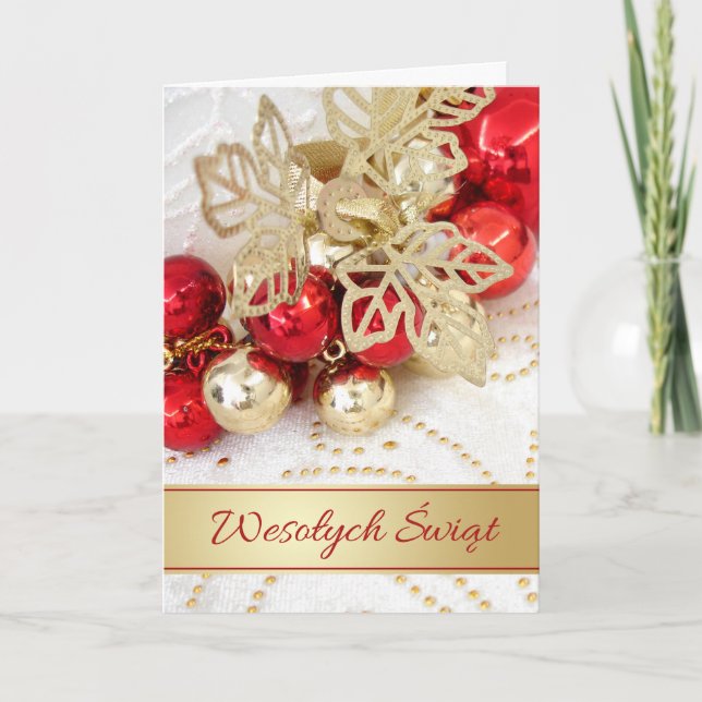 Tarjeta Festiva Navidades polacos abandonan Red Gold Baubles (Anverso)