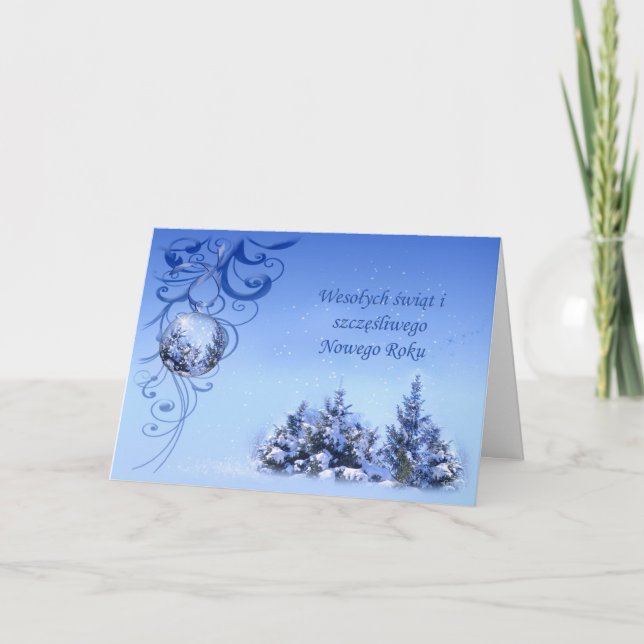Tarjeta Festiva Navidades polacos - abetos nevados, baubles, remol (Anverso)