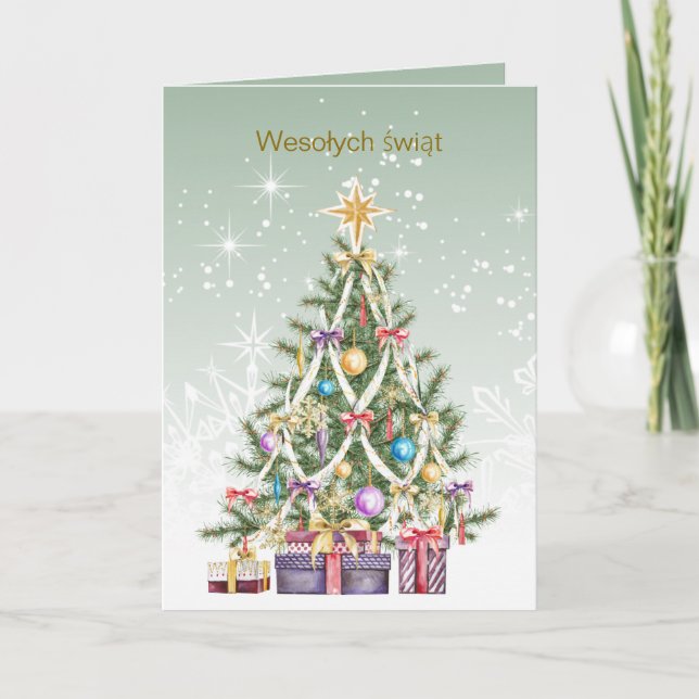 Tarjeta Festiva Navidades polacos - árbol colorido con regalos (Anverso)