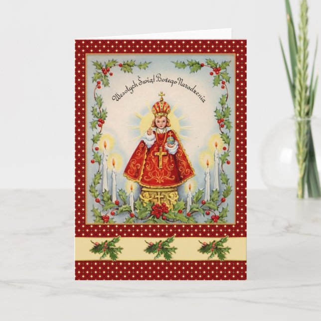 Tarjeta Festiva Navidades polacos de época con rey y holly (Anverso)