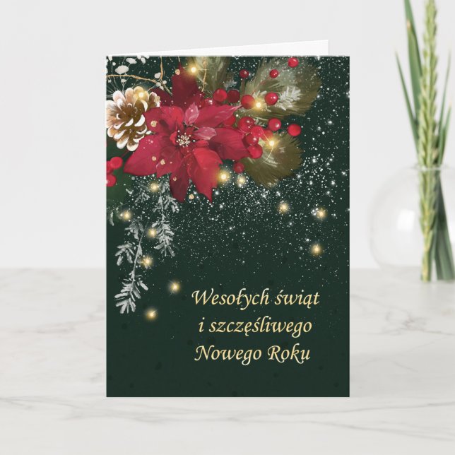 Tarjeta Festiva Navidades polacos Poinsettia Pine Holly Garland Ho (Anverso)
