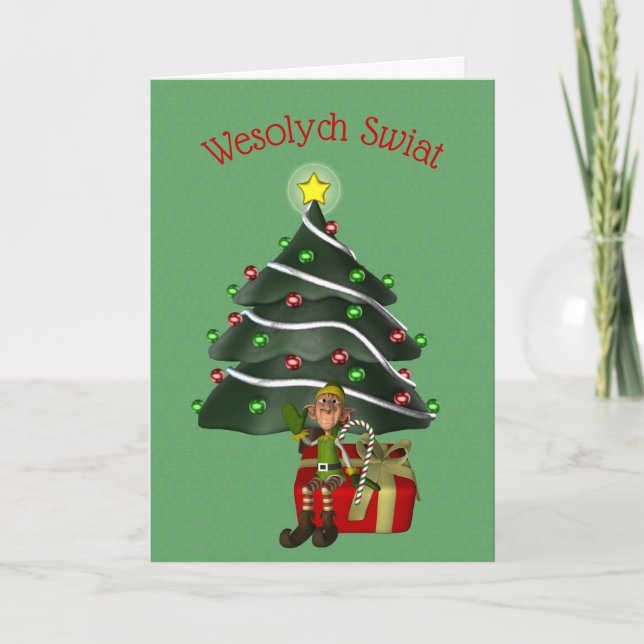 Tarjeta Festiva Navidades polacos saludan a un árbol de elfo mascu (Anverso)