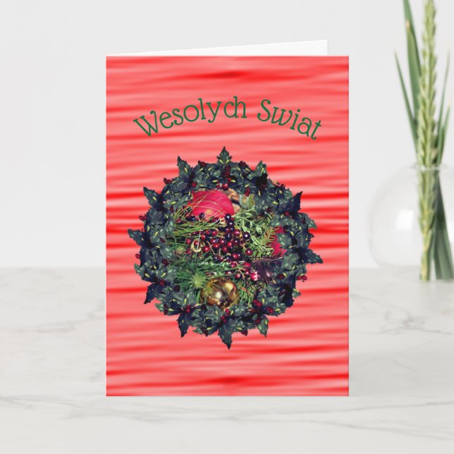 Tarjeta Festiva Navidades polacos saludando a Evergreens Wreath (Anverso)
