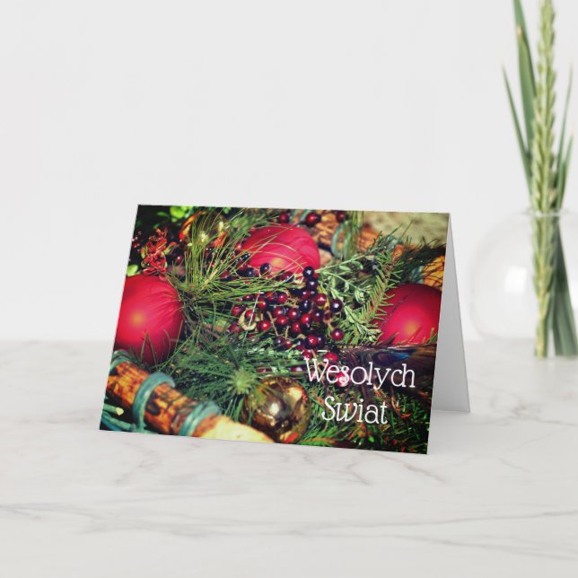Tarjeta Festiva Navidades polacos saludando decoraciones elegantes (Anverso)