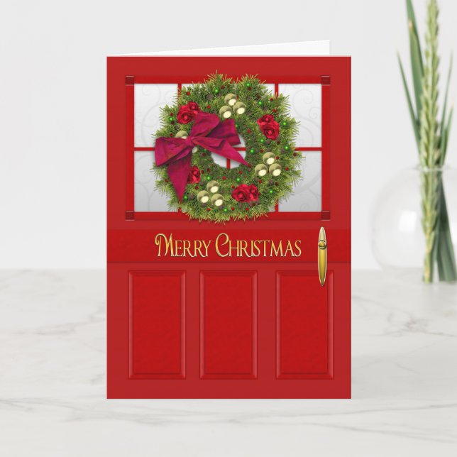 Tarjeta Festiva Navidades - Puerta de entrada roja con guirnalda d (Anverso)