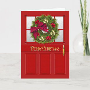 Tarjeta Festiva Navidades - Puerta de entrada roja con guirnalda d