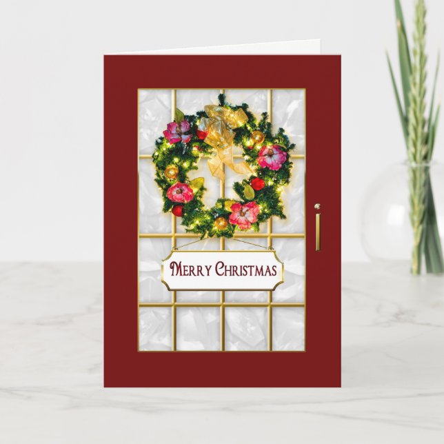 Tarjeta Festiva Navidades - Puerta roja/guirnalda (Anverso)