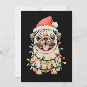 Tarjeta Festiva Navidades Pug Dog Sant Gorra Xmas Luces Pugmas
