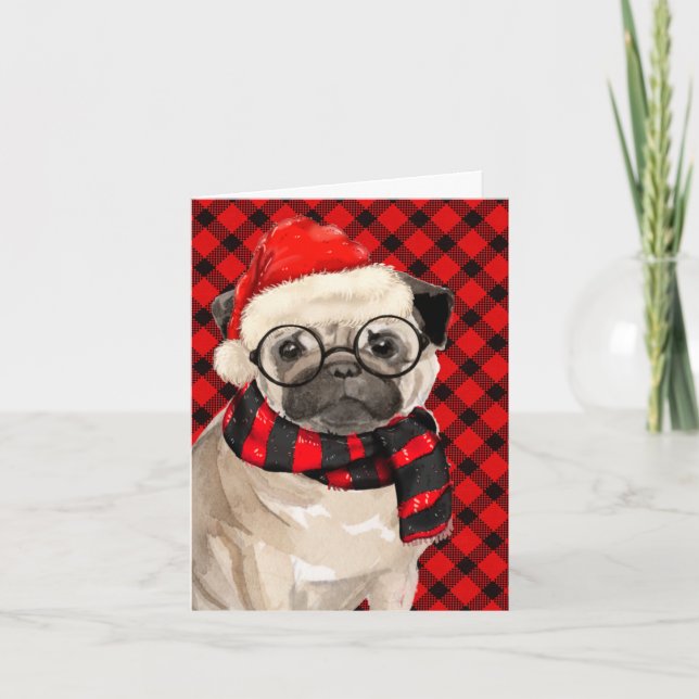 Tarjeta Festiva Navidades pug Dog y Red Black Plaid (Anverso)