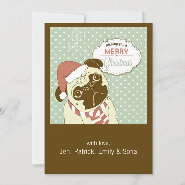 Tarjeta Festiva ¡navidades Pug! Perrito pequeño y lindo con sombre (Anverso)