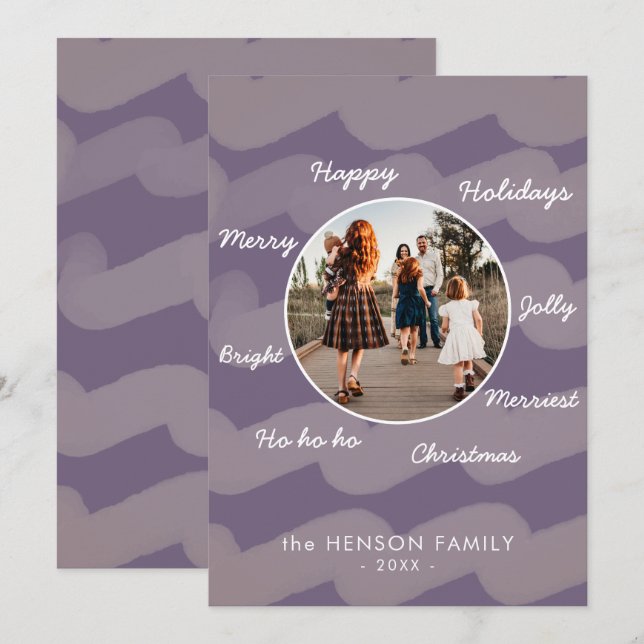 Tarjeta Festiva Navidades púrpura modernos desean foto familiar (Anverso / Reverso)