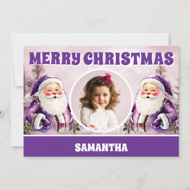 Tarjeta Festiva Navidades púrpura niños de Santa Claus. Foto (Anverso)
