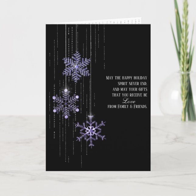 Tarjeta Festiva navidades púrpuras copos de nieve sobre negro (Anverso)
