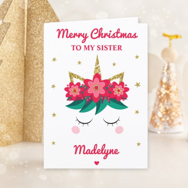 Tarjeta Festiva Navidades Purpurinas De Unicornio Para Hermanas (Subido por el creador)