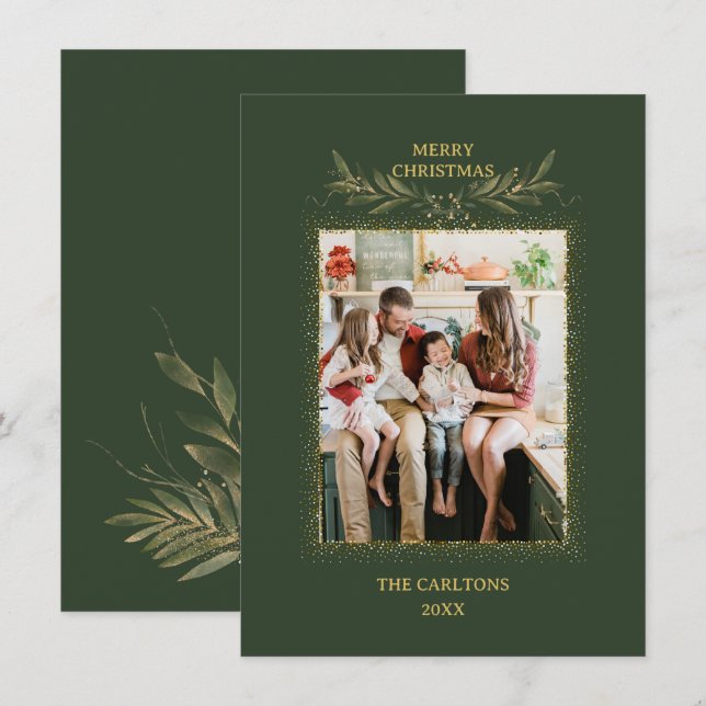 Tarjeta Festiva navidades purpurinas verdes modernos (Anverso / Reverso)