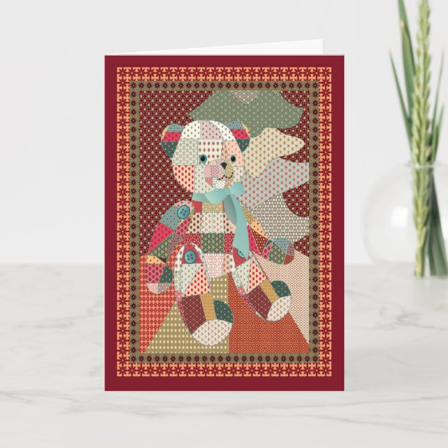 Tarjeta Festiva Navidades Quilted Teddy Bear (Anverso)