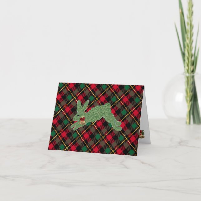 Tarjeta Festiva Navidades Rabbit Topiary plaid (Anverso)