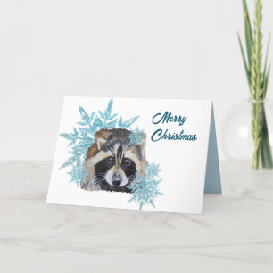 Tarjeta Festiva Navidades Raccoon Trash Panda Snowflakes