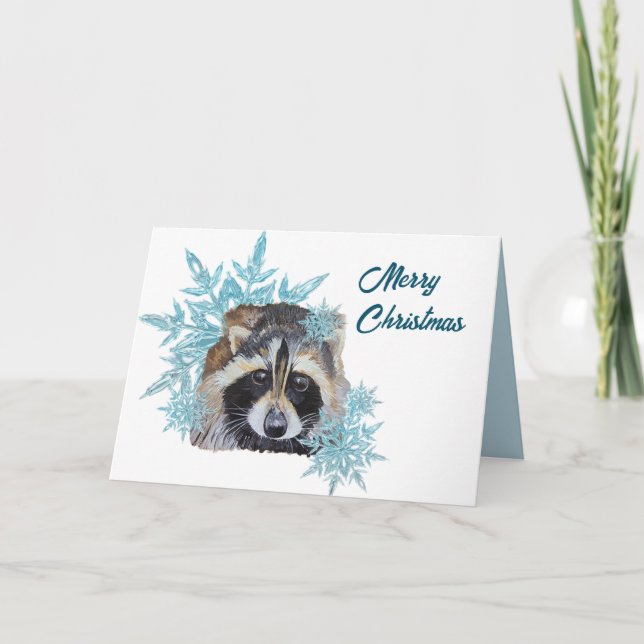 Tarjeta Festiva Navidades Raccoon Trash Panda Snowflakes (Anverso)