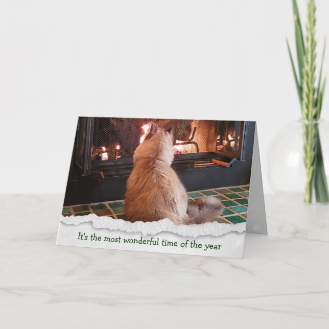 Tarjeta Festiva Navidades Ragdoll Cat By Fire (Anverso)