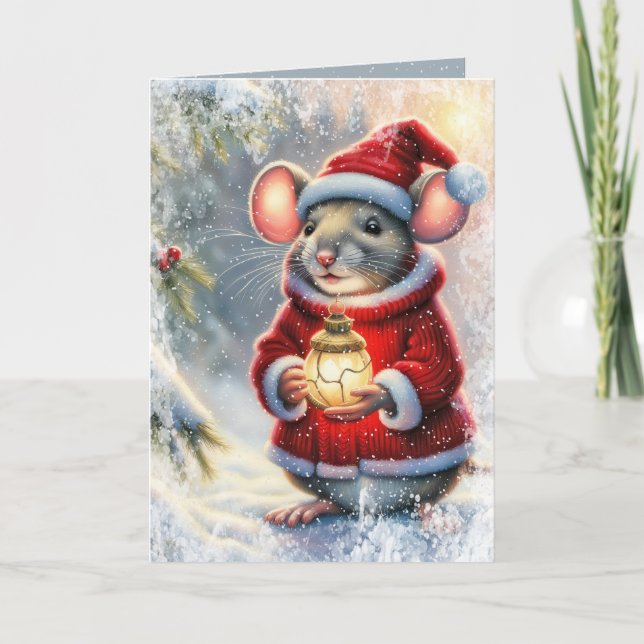 Tarjeta Festiva Navidades Ratón Con Ornamento Brillante (Anverso)