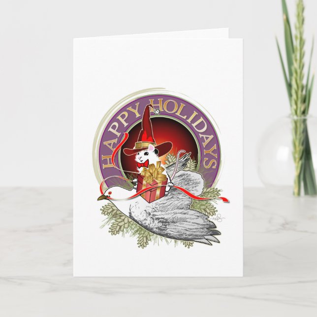 Tarjeta Festiva Navidades Ratón sobre las alas de una paloma (Anverso)