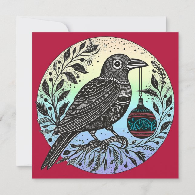 Tarjeta Festiva Navidades Raven con ornamento (Anverso)