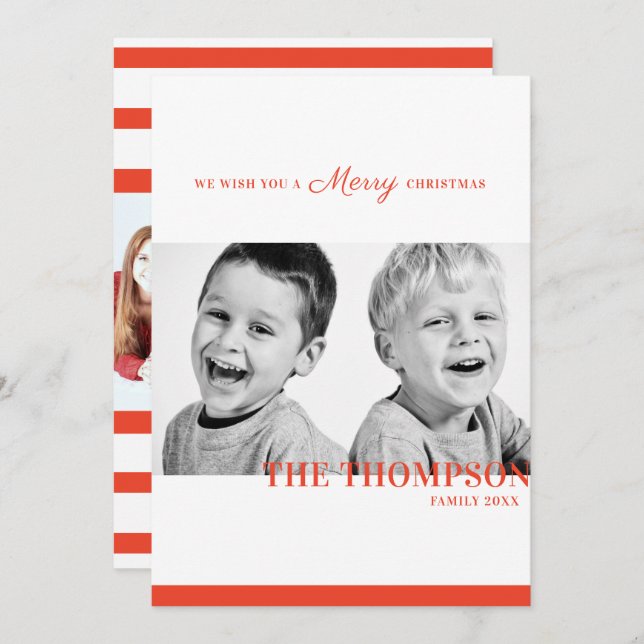 Tarjeta Festiva Navidades rayas rojas caramelo dos fotos (Anverso / Reverso)