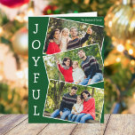 Tarjeta Festiva Navidades rebosantes de fotos de la familia Green<br><div class="desc">Tarjeta de collage de fotos de Navidades verdes modernos con 3 fotografías familiares en un divertido patrón de instantánea superpuesta con borde blanco y la palabra Joyful escrito verticalmente por un lado. Encuentra tus tres fotos favoritas para esta linda tarjeta de vacaciones familiares.</div>