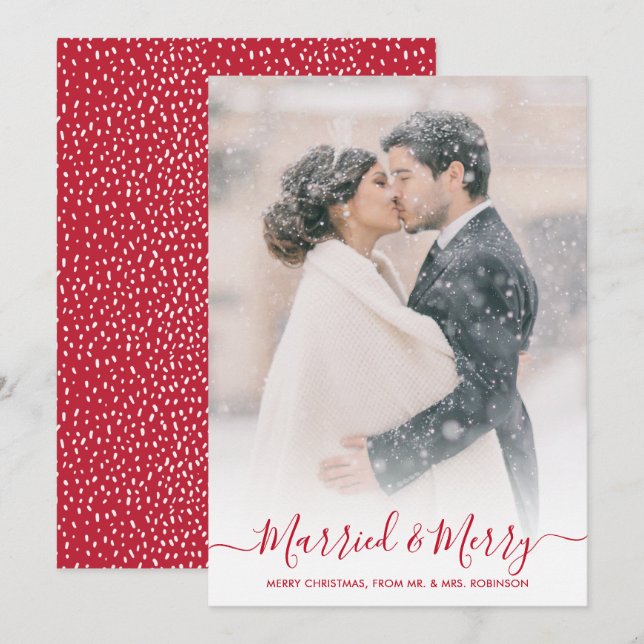 Tarjeta Festiva Navidades recién casados con foto de marionetas y  (Anverso / Reverso)
