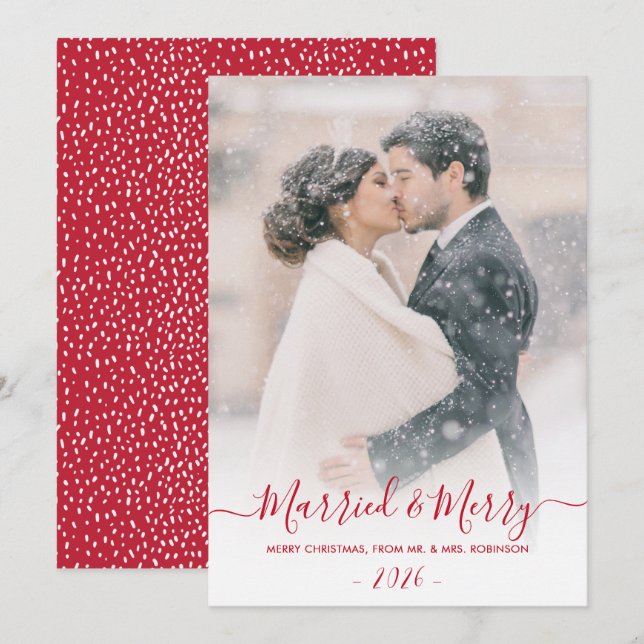 Tarjeta Festiva Navidades recién casados con foto de marionetas y  (Anverso / Reverso)
